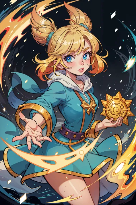 art by Tove Jansson, Vector Art, shot of a Handsome Female mage, Gold hair styled as Low bun, Snowing, Overdetailed art, Seapunk Art, hair light, hearthstone