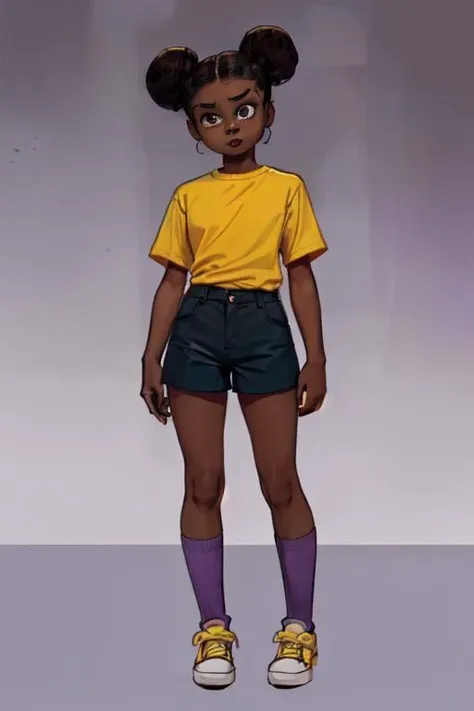 (((32, 16k, professional details)))  (((drawn by disney, 1girl, teenager, solo, Amanda, shirt, blue shorts, dark skin, black hair, hair bun, black eyes, black pupils, red lips, purple socks, yellow shoes, white background)))  <lora:AmandaTheAdventurer1-10:0.5>