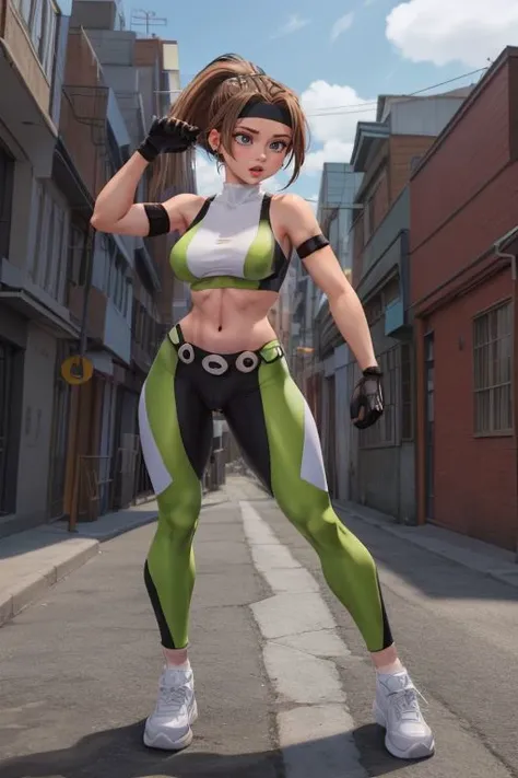 <lora:add_detail:0.5> <lora:copax_charm_eu:0.0> (1girl,3d, photorealistic,masterpiece, best quality), surprised, full body, seductive pose, in a graffiti street,
1girl,gloves, headband, pants, ponytail, green leggings, black gloves, large breasts, long hair, sports bra, earrings, brown hair, midriff, jewelry, white socks,white footwear, rope, navel,white socks,toned
 <lora:sonya:0.7>