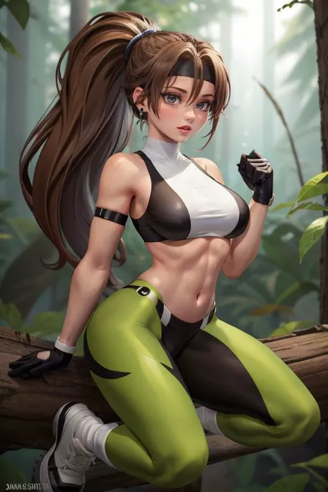 <lora:add_detail:0.5> <lora:copax_charm_eu:0.0> (1girl,3d, photorealistic,masterpiece, best quality), excited, portrait, seductive pose, in a forest,
1girl,gloves, headband, pants, ponytail, green leggings, black gloves, large breasts, long hair, sports bra, earrings, brown hair, midriff, jewelry, white socks,white footwear, rope, navel,white socks,toned
<lora:sonya:0.7>
