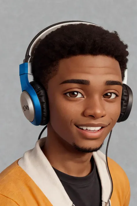 close-up photo portrait of a 25 yo young african man, black short african hair, stubble, brown eyes, excited face expression, headphones, simple background