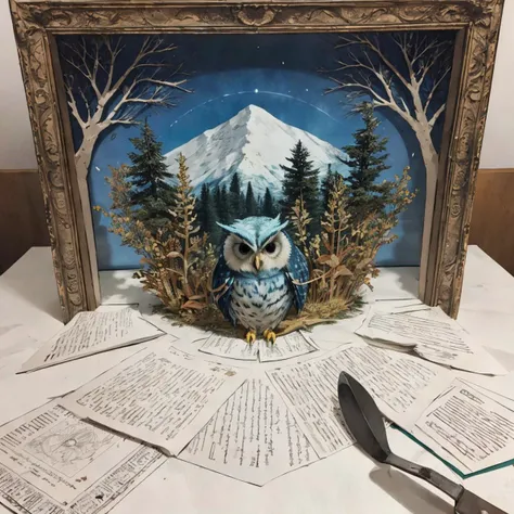RAW photo, 8k uhd, Analog style, (Masterpiece, Best Quality, Highres:1.3), dramatic, cinematic, (paper-cut craft:1.3), BREAK,
intricate (paper-cut craft:1.4) of mysterious intricate ornamented (owl:1.4), (beige square photo-frame:0.7), circle mask, (forest, mountain:1.3), (winter, moon:0.5), (green, blue, brown, white:1.1), (black, gold:0.8), (paper-cut craft, colorful, layers, flat, fabulous, children's book:1.2), (hyperdetailed, absurdres:1.1), BREAK,
<lora:more_details:0.1>