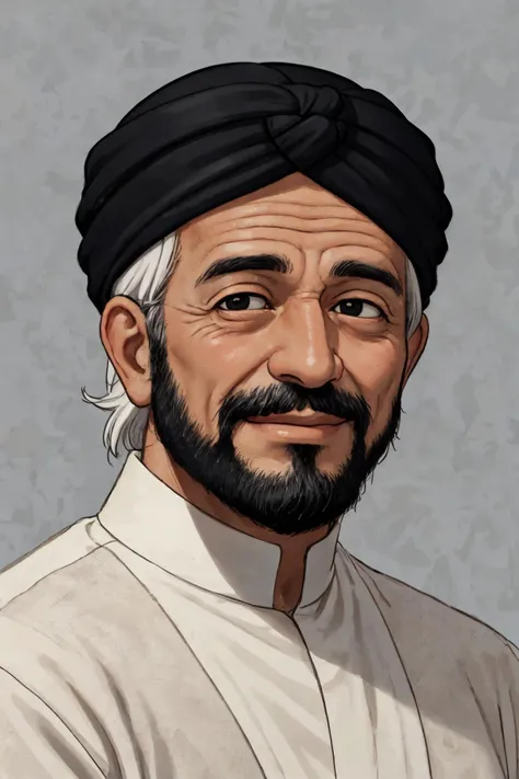 close-up photo portrait of a 60 yo aged Arab man, short grey hair, beard, black eyes, joyful face expression, turban, simple background