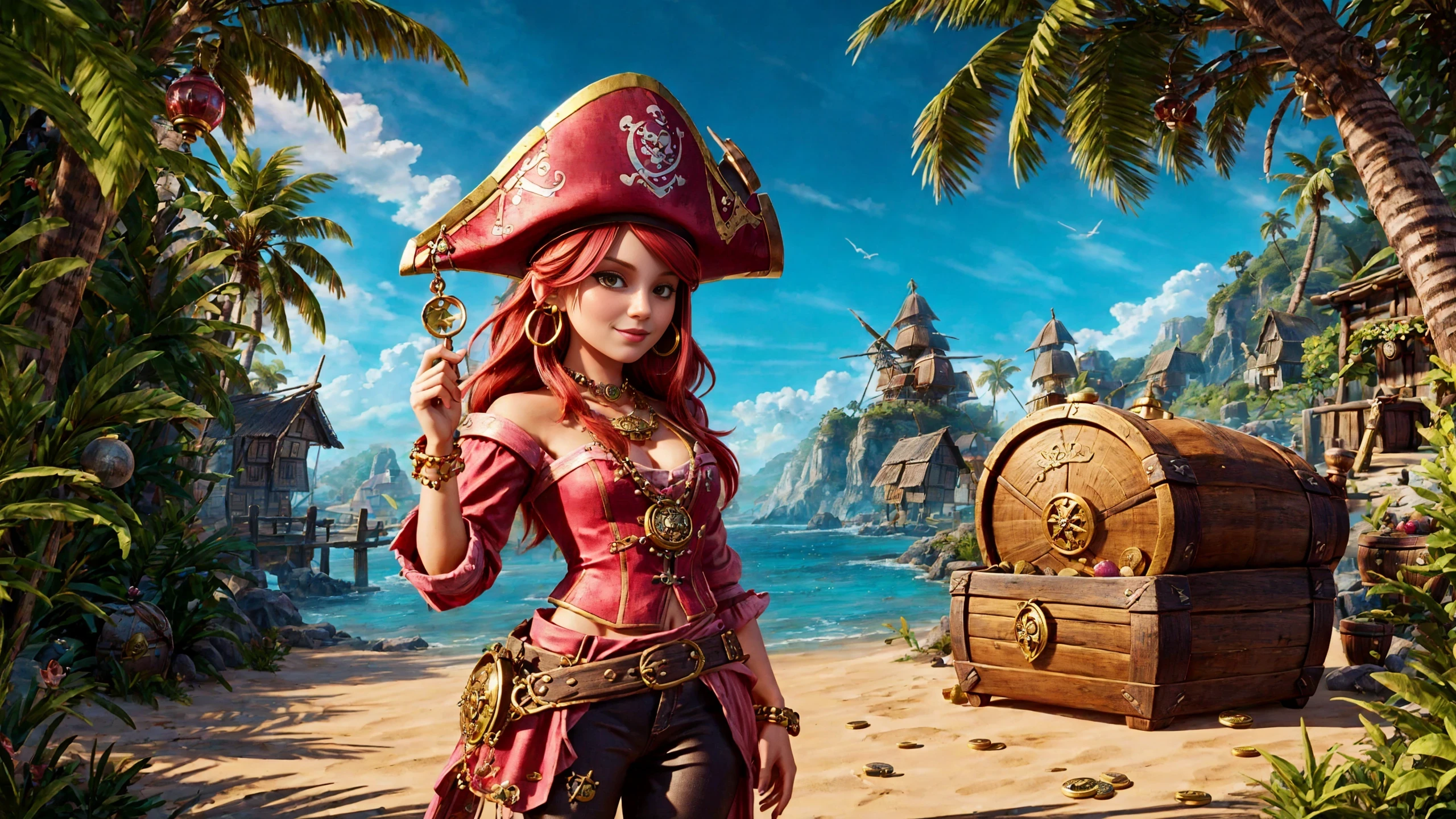 (young redhead pirate woman), (portrait), (parrot:1.2), sharp focus, (ultradetailed), (standing), (happy) smile, pirate (ship galleon:1.2, hoop earrings, gold medallion, Dusty Rose Pink pirate clothes, pirate hat, hips, pirate (village), leafy beach coast, (treasure chest with coins, gems and jewels:1.2), (rum barrel), best quality masterpiece, bright sunny sky, backlight, natural lights, high contrast, hdr, shadows, pretty, beautiful, feminine, sexy, adorable, lovely, in love, (PirateDiffusionprt:0.5), <lora:Pirate:0.3> PrateT <lora:PirateRealms:0.3> <lora:Detail Tweaker LoRA add_detail:0.8> <lora:depth_of_field_slider_v1:5> <lora:SDXLrender_v2.0:0.9>