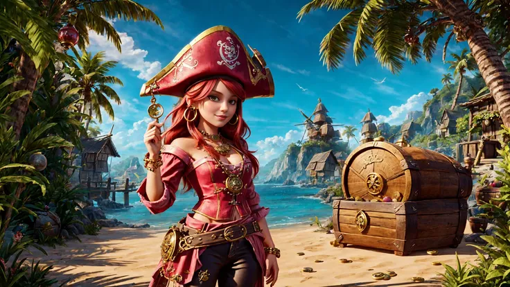 (young redhead pirate woman), (portrait), (parrot:1.2), sharp focus, (ultradetailed), (standing), (happy) smile, pirate (ship galleon:1.2,  hoop earrings, gold medallion, Dusty Rose Pink pirate clothes, pirate hat, hips,  pirate (village), leafy beach coast, (treasure chest with coins, gems and jewels:1.2), (rum barrel), best quality masterpiece,  bright sunny sky, backlight, natural lights, high contrast, hdr, shadows, pretty, beautiful, feminine, sexy, adorable, lovely, in love, (PirateDiffusionprt:0.5),  <lora:Pirate:0.3>  PrateT  <lora:PirateRealms:0.3> <lora:Detail Tweaker LoRA add_detail:0.8> <lora:depth_of_field_slider_v1:5> <lora:SDXLrender_v2.0:0.9>