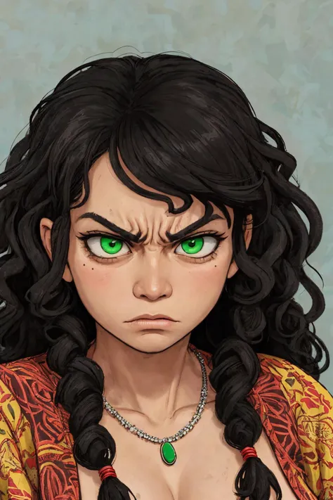 close-up photo portrait of a 40 yo samoan woman, black long curly hair, green eyes, angry face expression, necklace, simple background