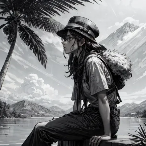 RAW photo, 8k uhd, Analog style, (Masterpiece, Best Quality, Highres:1.3), dramatic, cinematic, BREAK,
(intricate:1.3) (etched lineart:1.3) (engraving:1.4) (illustration:1.2) by (J. J. Grandville:1.4) of male (Robinson Crusoe:1.2) (sitting:1.1) and (looking:1.1) at sea, (from side:1.1), long hair beard, (wild:1.1) (fur clothes:1.2), pants, dirty, ((palms:1.1), mountain, (shore:1.1), sea, jungle:1.25), (sailboat:1.2), (white background, (black and white:1.05), grayscale, classicism:1.2), (hyperdetailed, absurdres, sketch:1.1), BREAK,
<lora:more_details:0.97>
