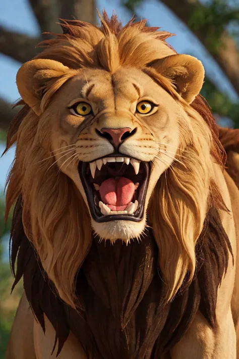 close-up photo portrait of a great lion, yellow eyes, very long lion's mane, roaring, open mouth, fangs, animal, no humans, simple background