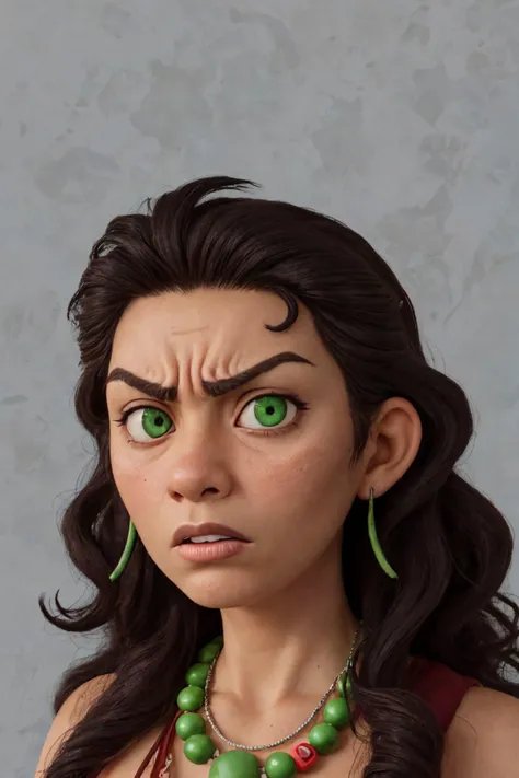 close-up photo portrait of a 40 yo samoan woman, black long curly hair, green eyes, angry face expression, necklace, simple background