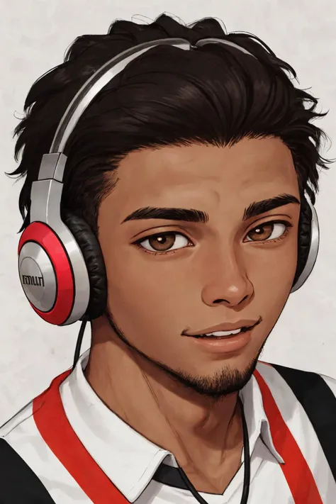 close-up photo portrait of a 25 yo young african man, black short african hair, stubble, brown eyes, excited face expression, headphones, simple background