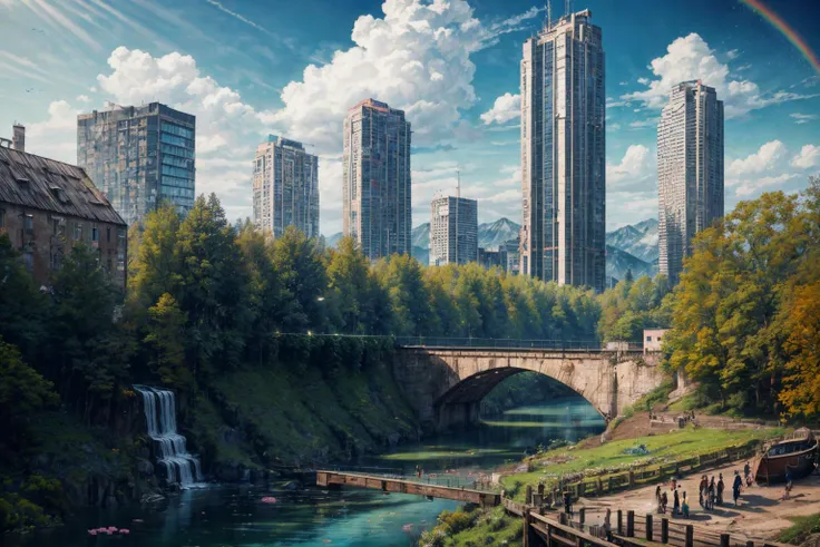 (RAW photo, 8k uhd, Analog style, Masterpiece, Best Quality, Highres:1.4), (dramatic, cinematic:1.2), BREAK,
shot of colorful hyperdetailed fantastic fantasy mysterious magic landscape, above clouds, (medieval elven fantasy (village:1.35), (steampunk:1.05) (peasant:1.15) (robots:1.1) (crowd:1.35), playing (little steampunk (girl:1.25):1.1), (farm:1.31), (lake, (river:1.14):1.15), (bridges:1.4), (waterfalls:1.35), (boat:1.4), (dock:1.1), (cliff:1.35), road, (green:1.05) valley, (flowers:1.2), (maple trees:0.65), (green:1.05) (fields:1.3), (fences:1.3), (snowy:1.17) (pines:1.1), (pink:1.0) (flowering tree:1.12):1.22), BREAK,
((mountains:1.22), (futuristic:1.15) (overgrown:1.27) (skyscrapers:1.53) (ruins:1.35), (market, water wheel, castle:1.14), (colorful houses:1.2), birds, stairs, spaceport, ((bright morning sun daylight:1.05) rainbow pure (blue:1.05) sky, glowing:1.05), starry, crescent, meteor, ((fluffy cloud:1.2), godrays, light particles:1.05), various seasons, steam, smokes:1.2), BREAK,
(photorealistic:1.2), (intricate:1.3), (light theme:1.3), (inspiring joyful atmosphere:1.2), (fabulous, fantasy, mysterious, science fiction, post-apocalypse, incredible, amazing, happy, sunny, pastoral:1.2), (hyperdetailed, absurdres:1.2), (colorful, saturated:1.4), colorful lighting, BREAK,
<lora:more_details:1>,