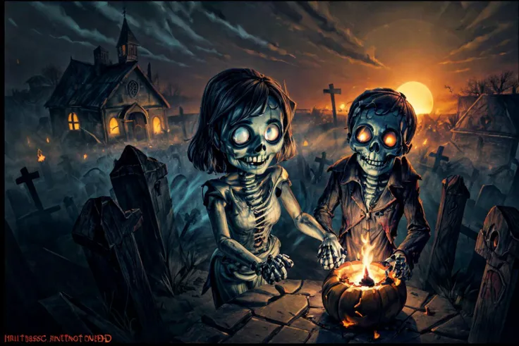 (RAW photo, 8k uhd, Analog style, Masterpiece, Best Quality, Highres:1.4), (dramatic, cinematic:1.2), BREAK,
(portrait:1.2) shot of (couple:1.2) (rotting:1.1) (zombie girl and skeleton man:1.35) (holding hands:1.4), (undead:1.2) (wedding:1.2), (torn clothes:1.2), (glowing blue eyes:1.2), (happy skulls faces, smile:1.4), (bouquet:1.1), (church ruins:1.15), (magical:1.1) (swamp:1.0), (roots:1.0), (bonfire:1.2), (light particles:1.1), (fireflies:1.1), creepy (oak:1.2), (cemetry:1.15), (crosses:1.1), (halloween pumpkins:1.2), (candles:1.1), (haze, mist:1.1), gloomy (red:1.1) (sunset:1.2), (horror:1.2), BREAK,
(photorealistic:1.1), (intricate:1.3), (eerie, scary, mysterious, fabulous, fantasy, mystical:1.3), (hyperdetailed, absurdres, detailed:1.2), (colorful:1.3), (incredible, amazing, esoteric:1.2), BREAK,
<lora:more_details:1>,