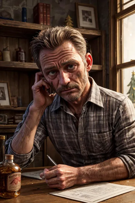 (RAW photo, 8k uhd, Analog style, Masterpiece, Best Quality, Highres:1.4), (dramatic, cinematic:1.2), BREAK,
shot of (60 yo:1.2) (old man:1.3) (Michael Rooker:1.1) (sitting:1.2) at a (rough wooden:1.1) (desk:1.2), (writing:1.27) something on piece of paper, holding pen, (tired face:1.2), (wrinkles:1.1), (stubble:1.25), grey eyes, shabby (dirty red:1.1) (unbuttoned plaid shirt:1.2), (lowered head:1.2), (messy hair:1.1), frown, (writer:1.1), (tired depressed frustrated expression:1.2), BREAK,
(dark (dirty old messy room:1.2), (scattered things books papers, shelves, dirty dishes and mugs, turned off television:1.15), (kerosene lamp:1.25), (Christmas tree:1.25), (old photos on the shelf:1.3), (whiskey bottles:1.2), grey (torn stripped wallpaper:1.1), (dark night:1.25), (night window:1.1), (torn curtains:0.7), light particles, dust, creepy deep shadows:1.1), (depressive hopeless eerie atmosphere:1.2), (slums, ghetto:1.1), BREAK,
(photorealistic:1.3), (rough details, (male focus:1.1):1.2), (desaturated, cold lighting:1.3), (vintage:1.2), (hyperdetailed, absurdres:1.2), (Clutter-Home:0.9), BREAK,
<lora:more_details:1.0>,
<lora:zoom_slider_v1:2.0>,