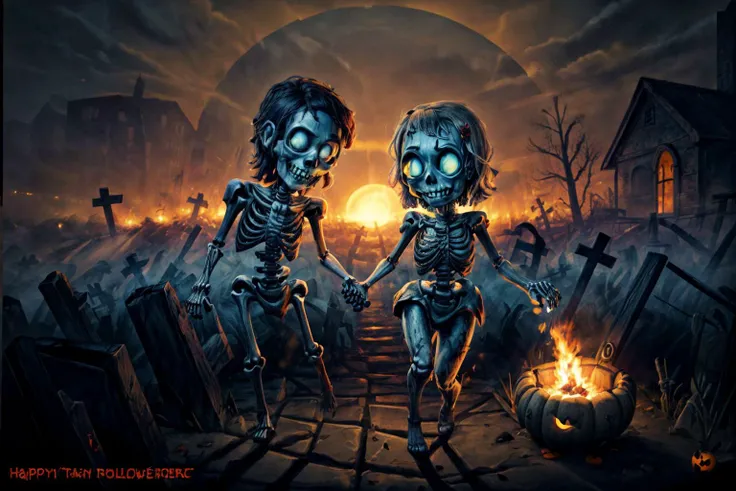 (RAW photo, 8k uhd, Analog style, Masterpiece, Best Quality, Highres:1.4), (dramatic, cinematic:1.2), BREAK,
(portrait:1.2) shot of (couple:1.2) (rotting:1.1) (zombie girl and skeleton man:1.35) (holding hands:1.4), (undead:1.2) (wedding:1.2), (torn clothes:1.2), (glowing blue eyes:1.2), (happy skulls faces, smile:1.4), (bouquet:1.1), (church ruins:1.15), (magical:1.1) (swamp:1.0), (roots:1.0), (bonfire:1.2), (light particles:1.1), (fireflies:1.1), creepy (oak:1.2), (cemetry:1.15), (crosses:1.1), (halloween pumpkins:1.2), (candles:1.1), (haze, mist:1.1), gloomy (red:1.1) (sunset:1.2), (horror:1.2), BREAK,
(photorealistic:1.1), (intricate:1.3), (eerie, scary, mysterious, fabulous, fantasy, mystical:1.3), (hyperdetailed, absurdres, detailed:1.2), (colorful:1.3), (incredible, amazing, esoteric:1.2), BREAK,
<lora:more_details:1>,