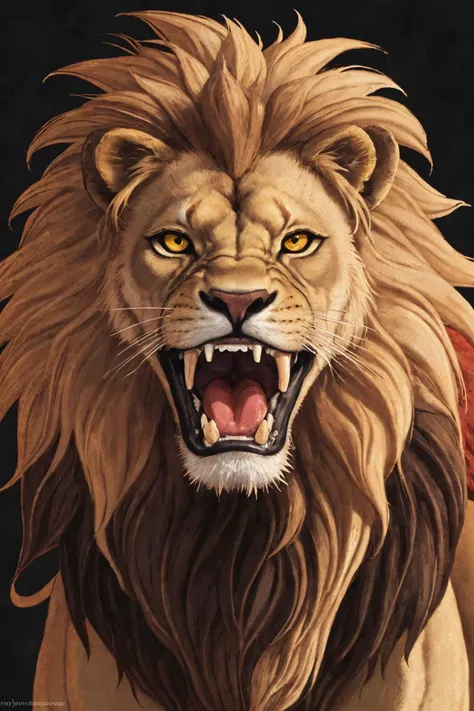 close-up photo portrait of a great lion, yellow eyes, very long lion's mane, roaring, open mouth, fangs, animal, no humans, simple background