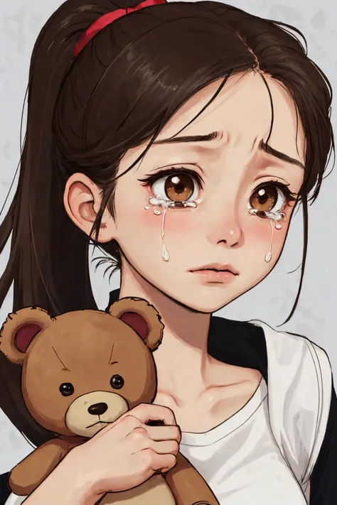 close-up photo portrait of a teenage asian girl, black ponytail, brown eyes, crying face expression, holding teddy bear, simple background