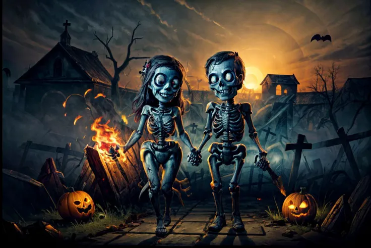 (RAW photo, 8k uhd, Analog style, Masterpiece, Best Quality, Highres:1.4), (dramatic, cinematic:1.2), BREAK,
(portrait:1.2) shot of (couple:1.2) (rotting:1.1) (zombie girl and skeleton man:1.35) (holding hands:1.4), (undead:1.2) (wedding:1.2), (torn clothes:1.2), (glowing blue eyes:1.2), (happy skulls faces, smile:1.4), (bouquet:1.1), (church ruins:1.15), (magical:1.1) (swamp:1.0), (roots:1.0), (bonfire:1.2), (light particles:1.1), (fireflies:1.1), creepy (oak:1.2), (cemetry:1.15), (crosses:1.1), (halloween pumpkins:1.2), (candles:1.1), (haze, mist:1.1), gloomy (red:1.1) (sunset:1.2), (horror:1.2), BREAK,
(photorealistic:1.1), (intricate:1.3), (eerie, scary, mysterious, fabulous, fantasy, mystical:1.3), (hyperdetailed, absurdres, detailed:1.2), (colorful:1.3), (incredible, amazing, esoteric:1.2), BREAK,
<lora:more_details:1>,