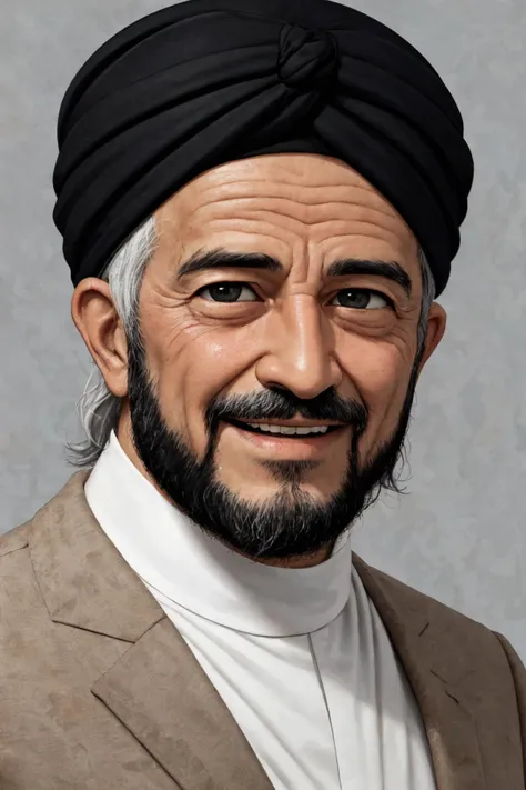 close-up photo portrait of a 60 yo aged Arab man, short grey hair, beard, black eyes, joyful face expression, turban, simple background