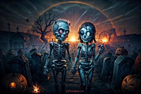(RAW photo, 8k uhd, Analog style, Masterpiece, Best Quality, Highres:1.4), (dramatic, cinematic:1.2), BREAK,
(portrait:1.2) shot of (couple:1.2) (rotting:1.1) (zombie girl and skeleton man:1.35) (holding hands:1.4), (undead:1.2) (wedding:1.2), (torn clothes:1.2), (glowing blue eyes:1.2), (happy skulls faces, smile:1.4), (bouquet:1.1), (church ruins:1.15), (magical:1.1) (swamp:1.0), (roots:1.0), (bonfire:1.2), (light particles:1.1), (fireflies:1.1), creepy (oak:1.2), (cemetry:1.15), (crosses:1.1), (halloween pumpkins:1.2), (candles:1.1), (haze, mist:1.1), gloomy (red:1.1) (sunset:1.2), (horror:1.2), BREAK,
(photorealistic:1.1), (intricate:1.3), (eerie, scary, mysterious, fabulous, fantasy, mystical:1.3), (hyperdetailed, absurdres, detailed:1.2), (colorful:1.3), (incredible, amazing, esoteric:1.2), BREAK,
<lora:more_details:1>,
