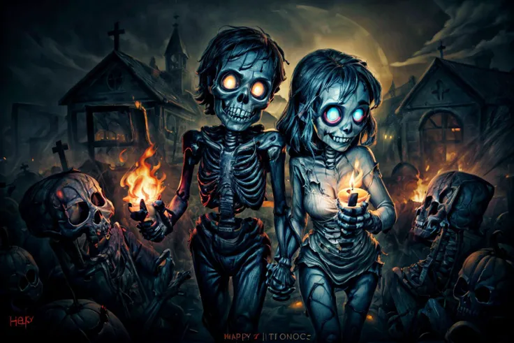 (RAW photo, 8k uhd, Analog style, Masterpiece, Best Quality, Highres:1.4), (dramatic, cinematic:1.2), BREAK,
(portrait:1.2) shot of (couple:1.2) (rotting:1.1) (zombie girl and skeleton man:1.35) (holding hands:1.4), (undead:1.2) (wedding:1.2), (torn clothes:1.2), (glowing blue eyes:1.2), (happy skulls faces, smile:1.4), (bouquet:1.1), (church ruins:1.15), (magical:1.1) (swamp:1.0), (roots:1.0), (bonfire:1.2), (light particles:1.1), (fireflies:1.1), creepy (oak:1.2), (cemetry:1.15), (crosses:1.1), (halloween pumpkins:1.2), (candles:1.1), (haze, mist:1.1), gloomy (red:1.1) (sunset:1.2), (horror:1.2), BREAK,
(photorealistic:1.1), (intricate:1.3), (eerie, scary, mysterious, fabulous, fantasy, mystical:1.3), (hyperdetailed, absurdres, detailed:1.2), (colorful:1.3), (incredible, amazing, esoteric:1.2), BREAK,
<lora:more_details:1>,