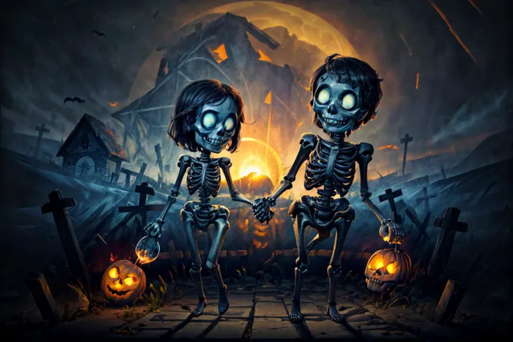 (RAW photo, 8k uhd, Analog style, Masterpiece, Best Quality, Highres:1.4), (dramatic, cinematic:1.2), BREAK,
(portrait:1.2) shot of (couple:1.2) (rotting:1.1) (zombie girl and skeleton man:1.35) (holding hands:1.4), (undead:1.2) (wedding:1.2), (torn clothes:1.2), (glowing blue eyes:1.2), (happy skulls faces, smile:1.4), (bouquet:1.1), (church ruins:1.15), (magical:1.1) (swamp:1.0), (roots:1.0), (bonfire:1.2), (light particles:1.1), (fireflies:1.1), creepy (oak:1.2), (cemetry:1.15), (crosses:1.1), (halloween pumpkins:1.2), (candles:1.1), (haze, mist:1.1), gloomy (red:1.1) (sunset:1.2), (horror:1.2), BREAK,
(photorealistic:1.1), (intricate:1.3), (eerie, scary, mysterious, fabulous, fantasy, mystical:1.3), (hyperdetailed, absurdres, detailed:1.2), (colorful:1.3), (incredible, amazing, esoteric:1.2), BREAK,
<lora:more_details:1>,