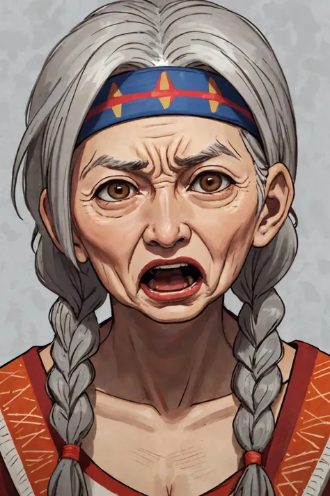 close-up photo portrait of a 90 yo old native american woman, grey hair, brown eyes, screaming face expression, headband, twin braids, simple background