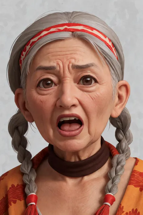 close-up photo portrait of a 90 yo old native american woman, grey hair, brown eyes, screaming face expression, headband, twin braids, simple background
