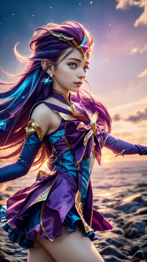 a profesional picture of 1 girl, young girl,small breasts,astetic beauty, <lora:star_guardian_Zoe:0.69> star_guardian_Zoe, star_guardian_zoe, 1girl, star guardian (league of legends) on sunset , dancing , suspicious realistic ,perfect quality,best quality,ultrasharp,ultradetailed,perfect quality,masterpiece,intricated details, focus on character <lora:add_detail:0.4> hotify, <hypernet:sxzBloom_sxzBloom:0.4> ,