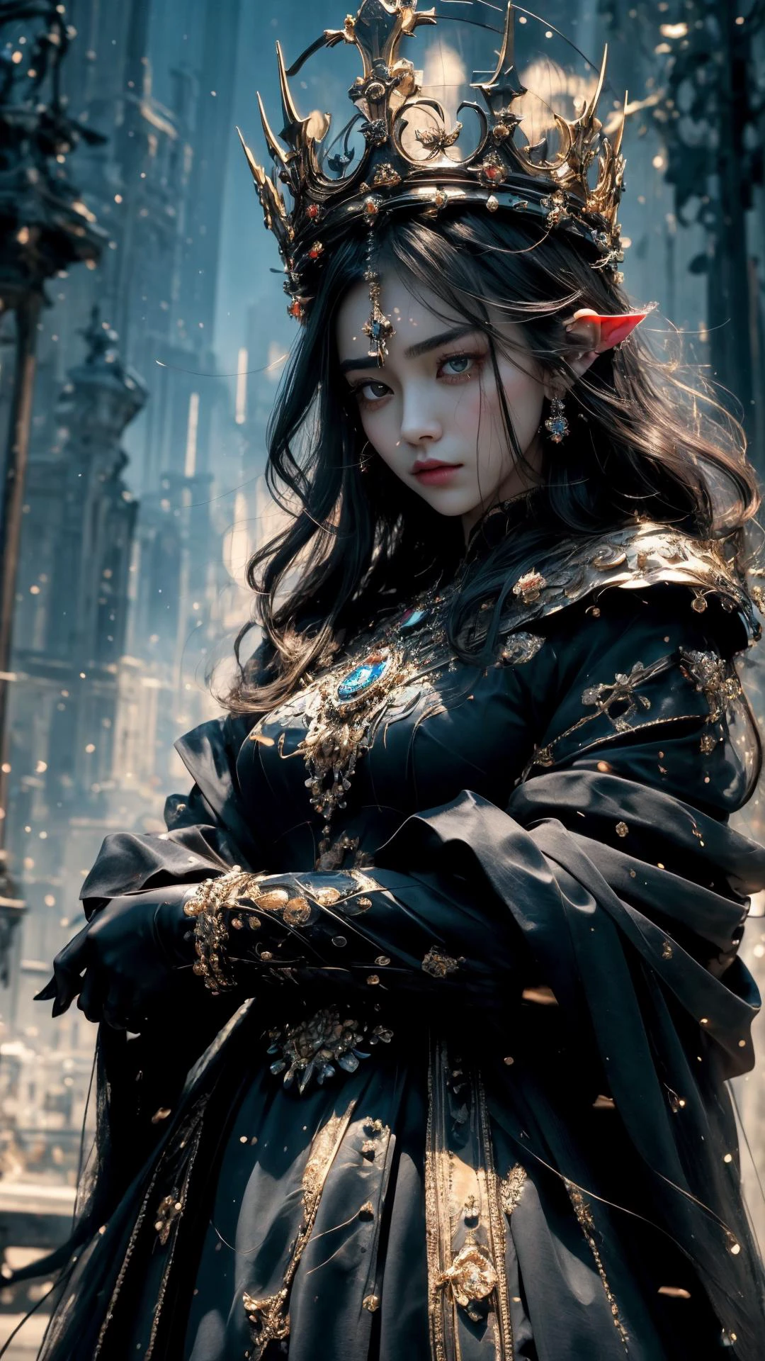 a profesional picture of 1 girl, young girl,small breasts,astetic beauty, <lora:md:0.69> md, 1girl, crown, jewelry, black hair, glowing, gloves, long sleeves, wide sleeves, glowing eyes, pointy ears on midnight , Lost in Thought: Standing with shoulders slightly hunched, they gaze downwards, deep in thought. One hand may support their chin, and their brows are furrowed as they contemplate something profound. , surprised realistic ,perfect quality,best quality,ultrasharp,ultradetailed,perfect quality,masterpiece,intricated details, cowboy shot <lora:add_detail:0.4> hotify, <hypernet:sxzBloom_sxzBloom:0.4> ,