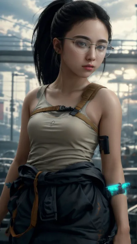 a profesional picture of 1 girl, young girl,small breasts,astetic beauty, <lora:MamaDS:0.69> MamaDS, 1girl, black hair, glasses, ponytail, mamads  on sunset , battle pose   , devilish  realistic ,perfect quality,best quality,ultrasharp,ultradetailed,perfect quality,masterpiece,intricated details,  close up  <lora:add_detail:0.4> hotify, <hypernet:sxzBloom_sxzBloom:0.4>  ,