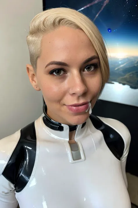 Cora,short hair,lips,breasts,blonde hair,brown eyes, belt,white and blue skin tight latex bodysuit, <lora:coraMEA:0.8>,
realistic, grainy, amateur photo, small breasts,portrait,
masterpiece, extreme details, detailed, focus, masterpiece, realistic, photorealistic, 4k, 8k, 16k, highres
((on a futuristic space station,science fiction)), 
,<lora:cum_b1:0.5> cum on face, cum on clothes,mouthfull of cum, cum in mouth