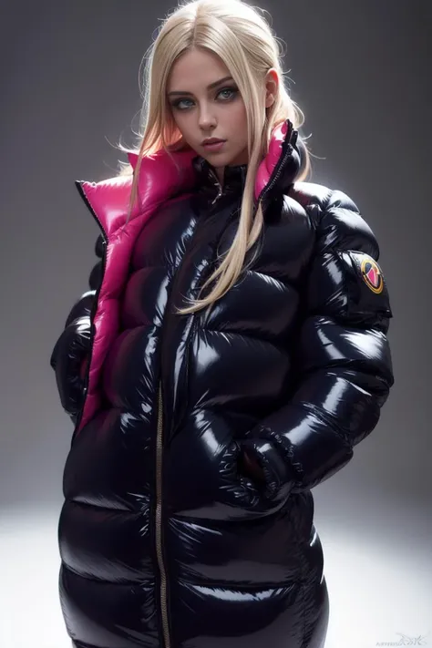 A stunning portrait of a young, blonde, slim, cute, sweet European girl, 20 years old, radiating elegance and beauty. She is dressed in a fashionable, (colorful), (shiny and glossy), (puffer downjacket) with zipper. zipped high over mouth, ((High Yoked)). The lighting is soft, highlighting her features and emphasizing the high glossy texture of her clothes. Cinematic lighting, very cold, high resolution, winter fashion, realistic shading, digital painting, artstation, sweetest, cutest, ((tempting)). by Parkasite. <lora:Parkasite_v10:0.9>