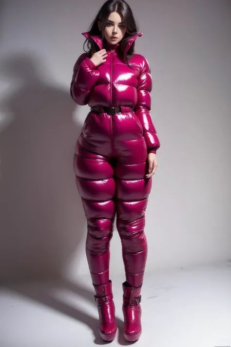 A stunning portrait of a young, slim, cute, sweet European woman, 20 years old, radiating elegance and beauty. She is dressed in a fashionable, colorful, shiny and glossy puffer down outfit. ((High Yoked)). The lighting is soft, highlighting her features and emphasizing the glossy texture of her clothes. Cinematic lighting, very cold, high resolution, winter fashion, realistic shading, digital painting, artstation, sweetest, cutest, ((tempting)). by Parkasite. <lora:Parkasite_v10:0.8>