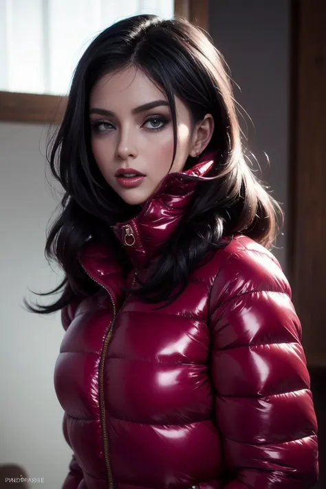 A stunning portrait of a young, slim, cute, sweet European woman, 20 years old, radiating elegance and beauty. She is dressed in a fashionable, colorful, shiny and glossy puffer down outfit. ((High Yoked)). The lighting is soft, highlighting her features and emphasizing the glossy texture of her clothes. Cinematic lighting, very cold, high resolution, winter fashion, realistic shading, digital painting, artstation, sweetest, cutest, ((tempting)). by Parkasite. <lora:Parkasite_v10:0.8>