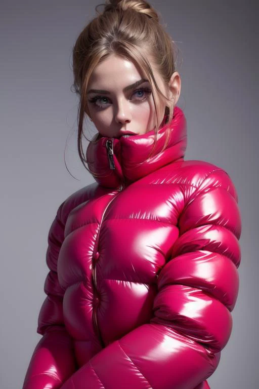 A stunning portrait of a young, slim, cute, sweet European woman, 20 years old, radiating elegance and beauty. She is dressed in a fashionable, colorful, shiny and glossy puffer down outfit. ((High Yoked)). The lighting is soft, highlighting her features and emphasizing the glossy texture of her clothes. Cinematic lighting, very cold, high resolution, winter fashion, realistic shading, digital painting, artstation, sweetest, cutest, ((tempting)). by Parkasite. <lora:Parkasite_v10:0.8>