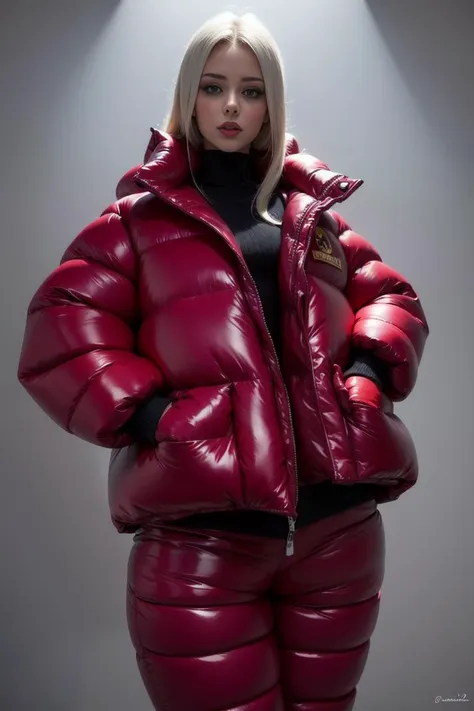 A stunning portrait of a young, slim, cute, sweet European woman,[Jennifer Lawrence:0.75], 20 years old, radiating elegance and beauty. She is dressed in a fashionable, colorful, shiny and glossy puffer down outfit. ((High Yoked)). The lighting is soft, highlighting her features and emphasizing the glossy texture of her clothes. Cinematic lighting, very cold, high resolution, winter fashion, realistic shading, digital painting, artstation, sweetest, cutest, ((tempting)). by Parkasite. <lora:Parkasite_v10:0.7>