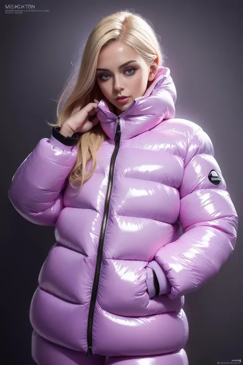 A stunning portrait of a young, blonde, slim, cute, sweet European girl, 20 years old, radiating elegance and beauty. She is dressed in a fashionable, (colorful), (shiny and glossy), (puffer downjacket) with zipper. zipped high over mouth, ((High Yoked)). The lighting is soft, highlighting her features and emphasizing the high glossy texture of her clothes. Cinematic lighting, very cold, high resolution, winter fashion, realistic shading, digital painting, artstation, sweetest, cutest, ((tempting)). by Parkasite. <lora:Parkasite_v10:0.9>