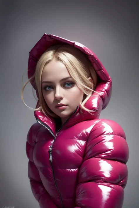 A stunning portrait of a young, blonde, slim, cute, sweet European girl, 20 years old, radiating elegance and beauty. She is dressed in a fashionable, (colorful), (shiny and glossy), (puffer downjacket) with zipper. zipped high over mouth, ((High Yoked)). The lighting is soft, highlighting her features and emphasizing the high glossy texture of her clothes. Cinematic lighting, very cold, high resolution, winter fashion, realistic shading, digital painting, artstation, sweetest, cutest, ((tempting)). by Parkasite. <lora:Parkasite_v10:0.9>