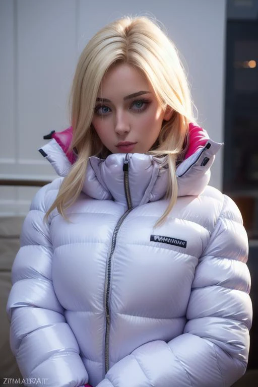 A stunning portrait of a young, blonde, slim, cute, sweet European girl, 20 years old, radiating elegance and beauty. She is dressed in a fashionable, (colorful), (shiny and glossy), (puffer downjacket) with zipper. zipped high over mouth, ((High Yoked)). The lighting is soft, highlighting her features and emphasizing the high glossy texture of her clothes. Cinematic lighting, very cold, high resolution, winter fashion, realistic shading, digital painting, artstation, sweetest, cutest, ((tempting)). by Parkasite. <lora:Parkasite_v10:0.9>