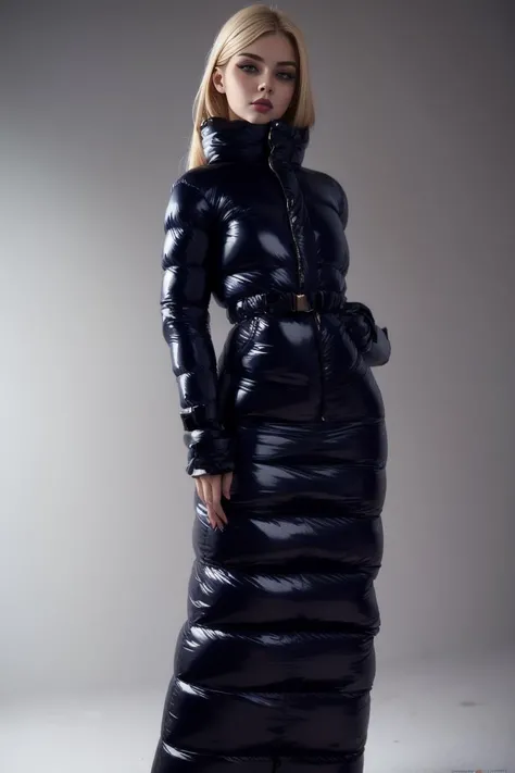 A stunning portrait of a young, slim, cute, sweet European woman, 20 years old, radiating elegance and beauty. She is dressed in a fashionable, colorful, shiny and glossy puffer down outfit. ((High Yoked)). The lighting is soft, highlighting her features and emphasizing the glossy texture of her clothes. Cinematic lighting, very cold, high resolution, winter fashion, realistic shading, digital painting, artstation, sweetest, cutest, ((tempting)). by Parkasite. <lora:Parkasite_v10:0.8>