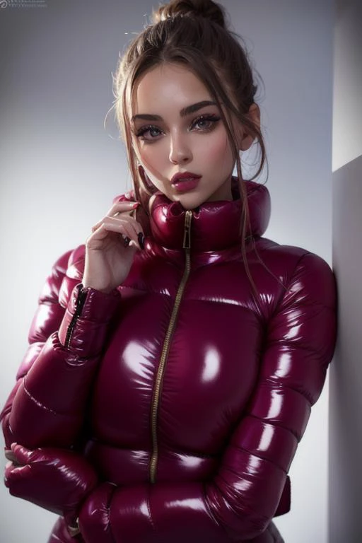 A stunning portrait of a young, slim, cute, sweet European woman, 20 years old, radiating elegance and beauty. She is dressed in a fashionable, colorful, shiny and glossy puffer down outfit. ((High Yoked)). The lighting is soft, highlighting her features and emphasizing the glossy texture of her clothes. Cinematic lighting, very cold, high resolution, winter fashion, realistic shading, digital painting, artstation, sweetest, cutest, ((tempting)). by Parkasite. <lora:Parkasite_v10:0.8>