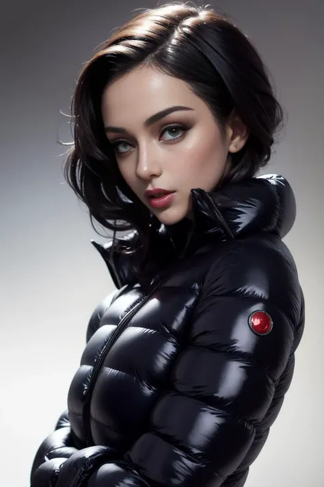 A stunning portrait of a young, slim, cute, sweet European woman, 20 years old, radiating elegance and beauty. She is dressed in a fashionable, colorful, shiny and glossy puffer down outfit. ((High Yoked)). The lighting is soft, highlighting her features and emphasizing the glossy texture of her clothes. Cinematic lighting, very cold, high resolution, winter fashion, realistic shading, digital painting, artstation, sweetest, cutest, ((tempting)). by Parkasite. <lora:Parkasite_v10:0.8>