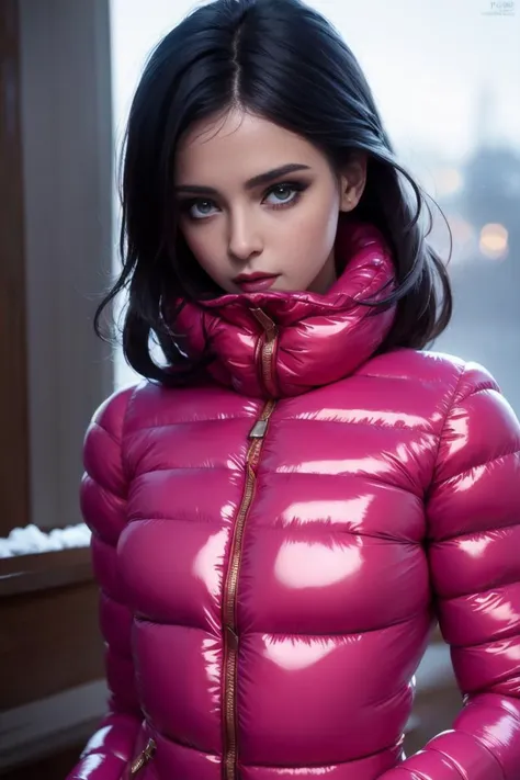 A stunning portrait of a young, slim, cute, sweet European woman, 20 years old, radiating elegance and beauty. She is dressed in a fashionable, colorful, shiny and glossy puffer down outfit. ((High Yoked)). The lighting is soft, highlighting her features and emphasizing the glossy texture of her clothes. Cinematic lighting, very cold, high resolution, winter fashion, realistic shading, digital painting, artstation, sweetest, cutest, ((tempting)). by Parkasite. <lora:Parkasite_v10:0.8>