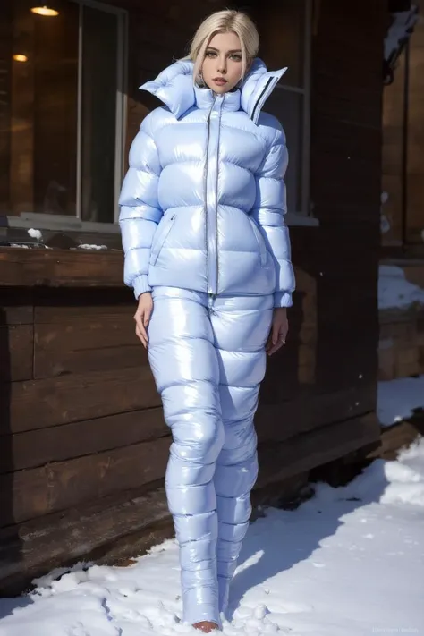 A stunning portrait of a young, slim, cute, sweet European woman, 20 years old, radiating elegance and beauty. She is dressed in a fashionable, colorful, shiny and glossy puffer down outfit. ((High Yoked)). The lighting is soft, highlighting her features and emphasizing the glossy texture of her clothes. Cinematic lighting, very cold, high resolution, winter fashion, realistic shading, digital painting, artstation, sweetest, cutest, ((tempting)). by Parkasite. <lora:Parkasite_v10:0.8>