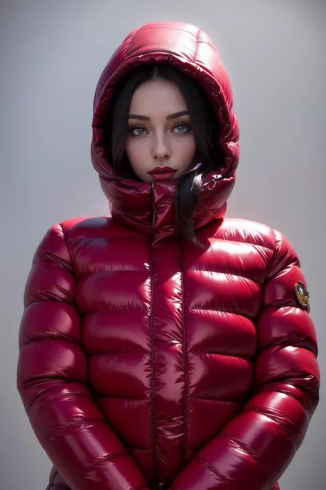 A stunning portrait of a young, slim, cute, sweet European woman, 20 years old, radiating elegance and beauty. She is dressed in a fashionable, colorful, shiny and glossy puffer down outfit. ((High Yoked)). The lighting is soft, highlighting her features and emphasizing the glossy texture of her clothes. Cinematic lighting, very cold, high resolution, winter fashion, realistic shading, digital painting, artstation, sweetest, cutest, ((tempting)). by Parkasite. <lora:Parkasite_v10:0.7>