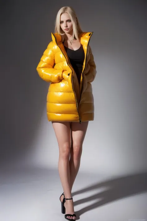 A stunning portrait of a young, blonde, slim, cute, sweet European girl, 20 years old, radiating elegance and beauty. She is dressed in a fashionable, (colorful), (shiny and glossy), (puffer downjacket) with zipper. zipped high over mouth, ((High Yoked)). The lighting is soft, highlighting her features and emphasizing the high glossy texture of her clothes. Cinematic lighting, very cold, high resolution, winter fashion, realistic shading, digital painting, artstation, sweetest, cutest, ((tempting)). by Parkasite. <lora:Parkasite_v10:0.9>