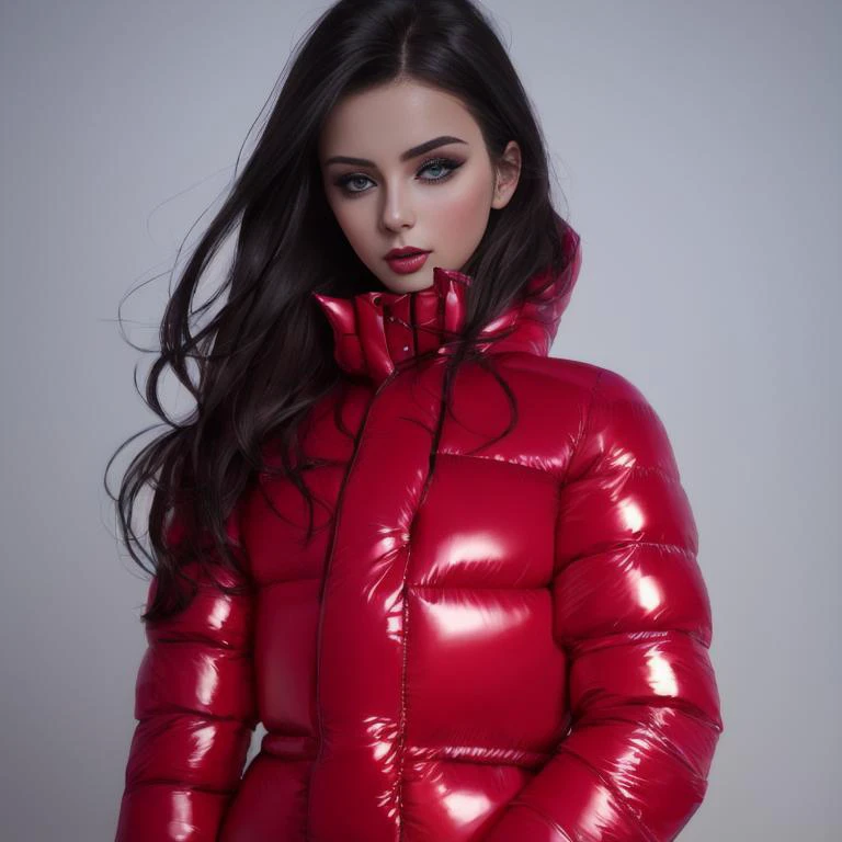 A stunning portrait of a young, slim, cute, sweet European woman, 20 years old, radiating elegance and beauty. She is dressed in a fashionable, colorful, shiny and glossy puffer down outfit. ((High Yoked)). The lighting is soft, highlighting her features and emphasizing the glossy texture of her clothes. Cinematic lighting, very cold, high resolution, winter fashion, realistic shading, digital painting, artstation, sweetest, cutest, ((tempting)). by Parkasite. <lora:Parkasite_v10:0.8>