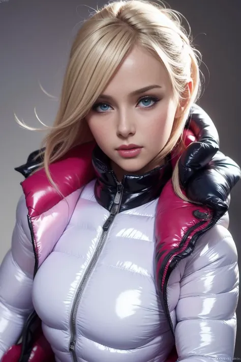 A stunning portrait of a young, blonde, slim, cute, sweet European girl, 20 years old, radiating elegance and beauty. She is dressed in a fashionable, (colorful), (shiny and glossy), (puffer downjacket) with zipper. zipped high over mouth, ((High Yoked)). The lighting is soft, highlighting her features and emphasizing the high glossy texture of her clothes. Cinematic lighting, very cold, high resolution, winter fashion, realistic shading, digital painting, artstation, sweetest, cutest, ((tempting)). by Parkasite. <lora:Parkasite_v10:0.9>