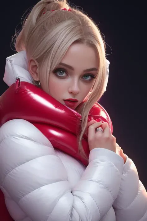 A stunning portrait of a young, slim, cute, sweet European woman, 20 years old, radiating elegance and beauty. She is dressed in a fashionable, colorful, shiny and glossy puffer down outfit. ((High Yoked)). The lighting is soft, highlighting her features and emphasizing the glossy texture of her clothes. Cinematic lighting, very cold, high resolution, winter fashion, realistic shading, digital painting, artstation, sweetest, cutest, ((tempting)). by Parkasite. <lora:Parkasite_v10:0.8>