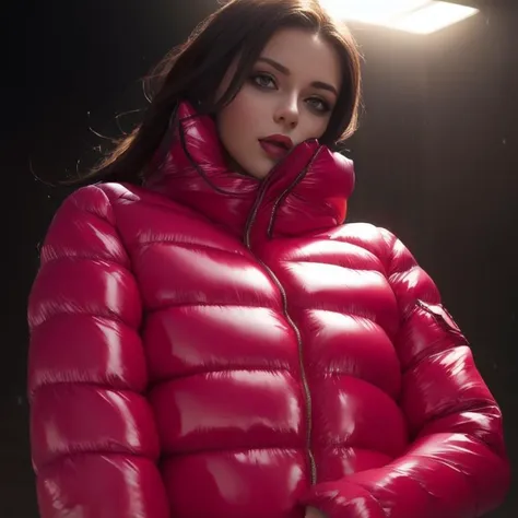 A stunning portrait of a young, slim, cute, sweet European woman, 20 years old, radiating elegance and beauty. She is dressed in a fashionable, colorful, shiny and glossy puffer down outfit. ((High Yoked)). The lighting is soft, highlighting her features and emphasizing the glossy texture of her clothes. Cinematic lighting, very cold, high resolution, winter fashion, realistic shading, digital painting, artstation, sweetest, cutest, ((tempting)). by Parkasite. <lora:Parkasite_v10:0.8>